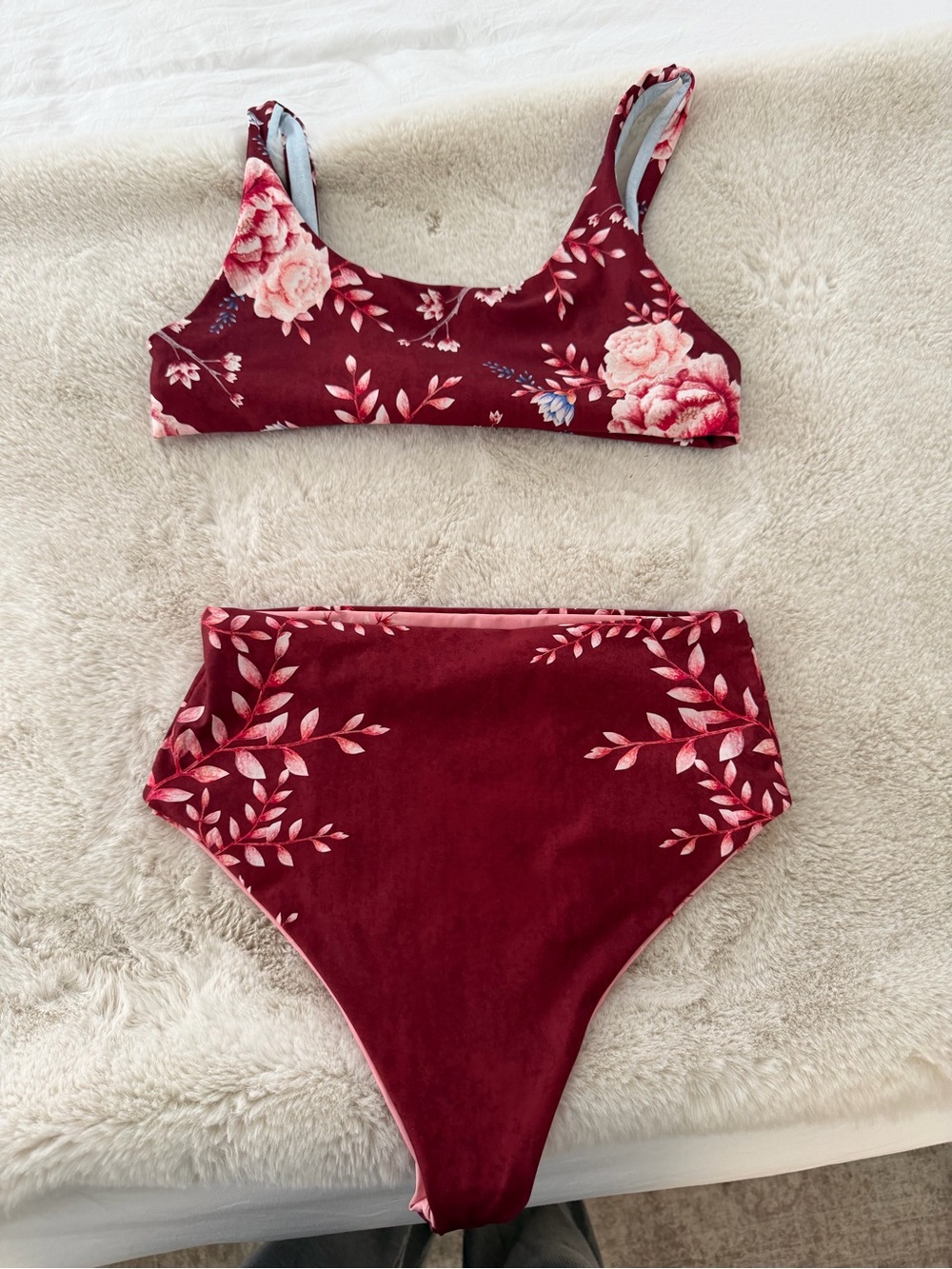 Agua Bendita Floral High-Waist Bikini Set in Burgundy